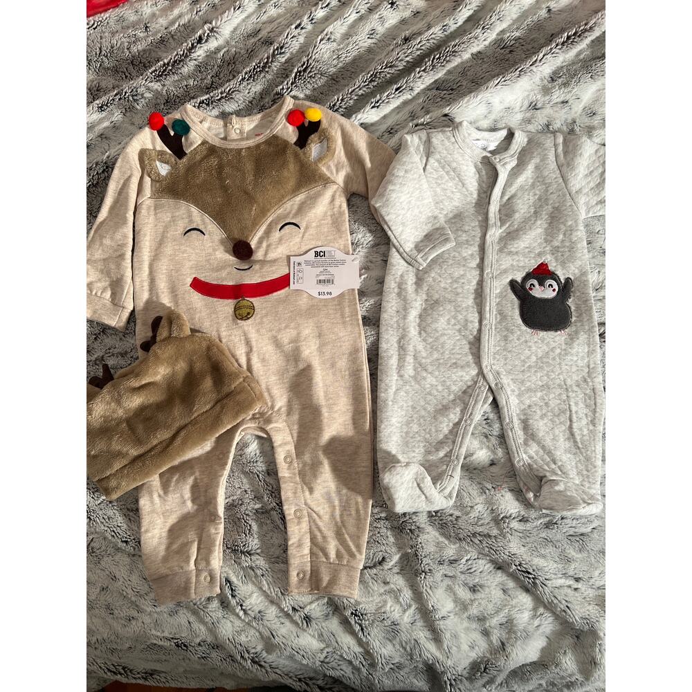 Baby 2 Piece Pajama Set Reindeer Penguin‎ Holiday Outfit 0-3 and 12m
